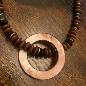 Vintage Bohemian Wooden Bead and and Mother of Pearl Pendant Necklace
